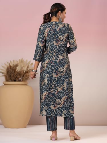 Gosriki Women'S Rayon Blend Straight Printed Kurta With Pant (Kivala Blue-Gs_S_Blue_Small),Blue,,B0CXPGZ14K