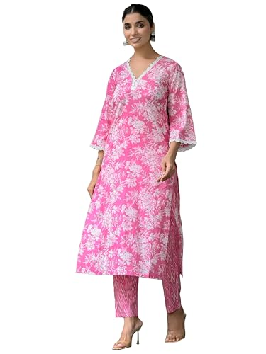 Anni Designer Women'S Rayon Blend Straight Printed Kurta With Pant (Sinamika Pink-Vks01_Xxl_Pink_Xx-Large),Pink,2XL