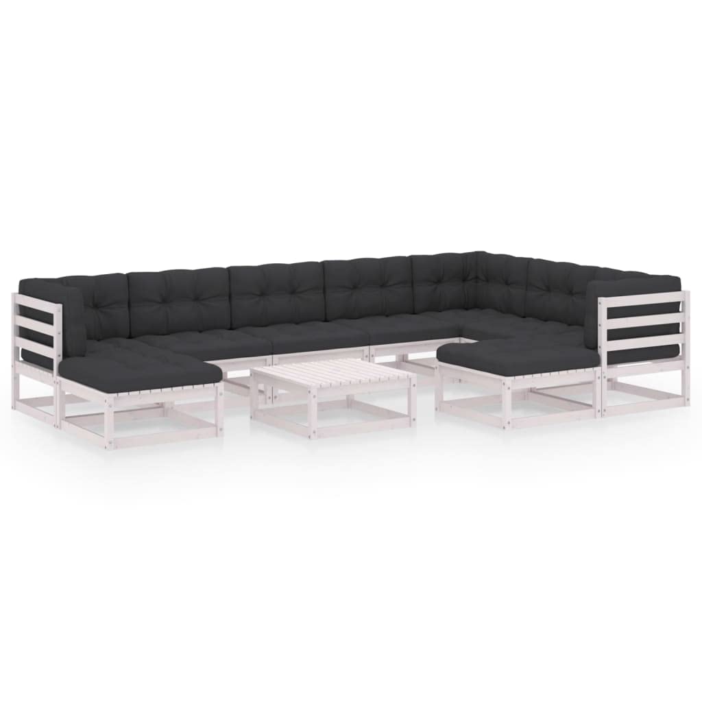 Vidaxl Patio Furniture Set 10 Piece, Garden Sofa Set With Cushions, Outdoor Sectional Sofa With Ottoman And Coffee Table, White Solid Wood Pine,Conversation Sets