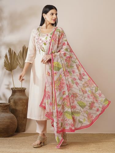 Anni Designer Women'S Rayon Blend Embroidecream Straight Kurta With Pant & Dupatta (Vejanti Cream_M_Cream_Medium),Cream,M,Rayon Blend,Regular,