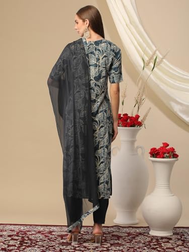 Anni Designer Women'S Cotton Blend Printed Straight Kurta With Pant & Dupatta (Minika Blue_M_Blue_Medium),Blue,M,Cotton Blend,Regular,Kurta, Scarf