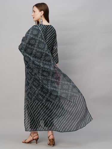 Anni Designer Women'S Cotton Blend Straight Printed Kurta With Pant & Dupatta (Doremi Black_3Xl_Black_Xxx-Large),Black,3XL,Cotton Blend,Regular,