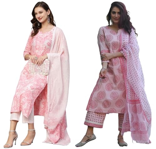 Anni Designer Women'S Cotton Blend Printed Straight Kurta With Pant & Dupatta Pack Of 2 (Combo-Prem Chhapa-Pink_Multicolor_Small),Multicolour,S
