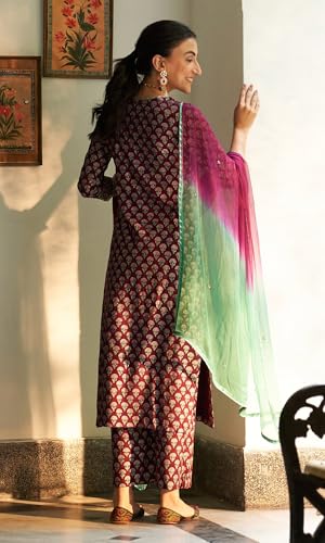 Anni Designer Women'S Rayon Blend Printed Straight Kurta With Pant & Dupatta (Tarka Maroon_Xl_Maroon_X-Large),Maroon,XL,Rayon Blend,Regular,