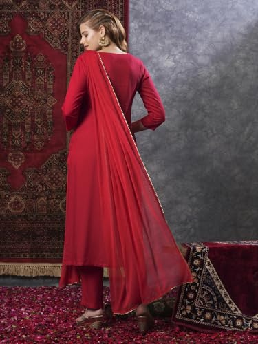 Gosriki Women'S Rayon Blend Embroidered Straight Kurta With Pant & Dupatta (Yuvani Red-Gs_Xl_Red_X-Large),Red,,B0D9YTXYWN
