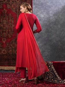 Gosriki Women'S Rayon Blend Embroidered Straight Kurta With Pant & Dupatta (Yuvani Red-Gs_Xl_Red_X-Large),Red,,B0D9YTXYWN