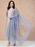 Anni Designer Women'S Rayon Blend Straight Printed Kurta With Pant & Dupatta (Zaggu Blue_S_Blue_Small),Blue,S,Rayon Blend,Regular,Kurta, Scarf