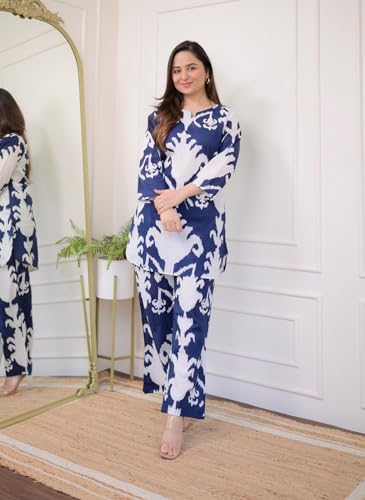 Anni Designer Women'S Cotton Blend Printed Ethnic Co-Ord Set (Minara Blue_S_Blue_Small),Blue,S,Cotton Blend,Regular,Kurta