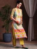Libas Womens Printed Crepe Straight Kurta With Trousers And Dupatta Mustard Xs