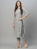 Anni Designer Women'S Cotton Blend Straight Printed Kurta With Pant Set (Srinath-Grey-Nw_Xl_Grey_X-Large),Grey,XL,Cotton Blend,Regular,Kurta