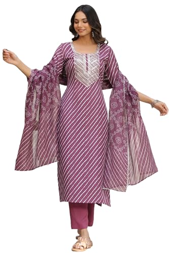 Anni Designer Women'S Cotton Blend Straight Printed Kurta With Pant & Dupatta (Doremi-Wine_M_Wine_Medium),Wine,M