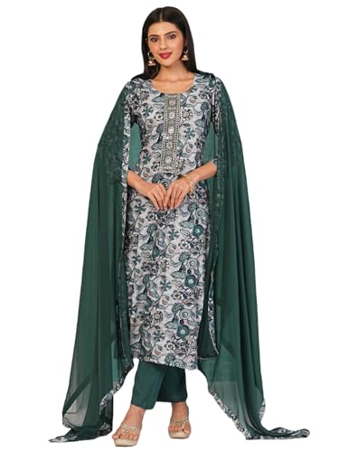 Anni Designer Women'S Cotton Blend Straight Printed Kurta With Pant & Dupatta (Ramna Blue_S_Blue_Small),Blue,S