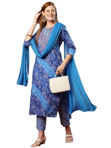Gosriki Women'S Cotton Blend Straight Printed Kurta With Pant & Dupatta (Vedhabali Blue-Jl-Gs_Xxl_Blue_Xx-Large),Blue,2,B0D73VCPHP