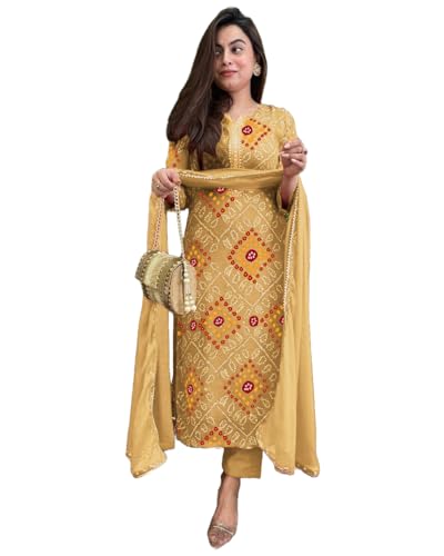 Anni Designer Women'S Rayon Blend Straight Bandhej Printed Kurta With Pant & Dupatta (Turae Cream-Vks01_L_Cream_Large),Cream,L