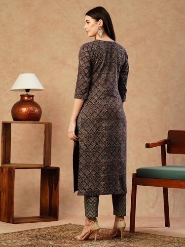 Anni Designer Women'S Cotton Blend Straight Printed Kurta With Pant (Lupar Blue_S_Blue_Small),Blue,S,Cotton Blend,Kurta,