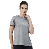 Enamor Athleisure Polyester Women's Relaxed Fit Crew Neck Hip Length Short Sleeves Quick Dry Antimicrobial 4 Stretch T-Shirt for Women - E105(E105-Blue Night Melange W/Magic-XL),Blue Ngt Mel /Magic