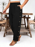 Toplot Women Casual Slanted Pocket Elastic Waist Tapered Pants (Button-Pant-5192-Black-30),Black,30,B0D8727BXL