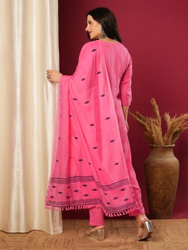 Anni Designer Women'S Rayon Blend Solid Straight Kurta With Pant & Dupatta (Janeu Pink-Vks01_Xxl_Pink_Xx-Large),Pink,2XL,Rayon Viscose,Regular,