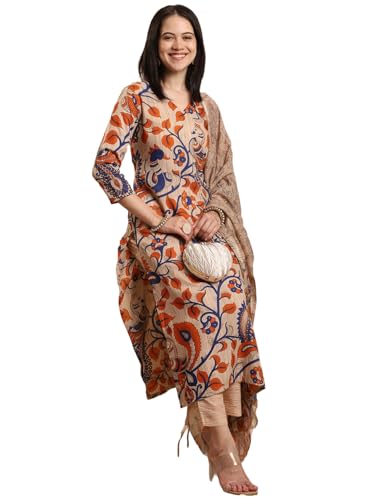 Gosriki Women'S Rayon Blend Printed Straight Kurta With Pant & Dupatta (Kalam Chiku-Vks02-Gs_Xl_Beige_X-Large),Beige,,B0DK9R21XX