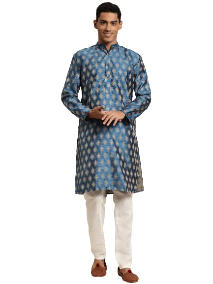Sojanya (Since 1958 Men'S Silk Blend Peacock Blue & Gold Booti Jacquard Only Long Kurta