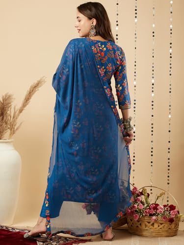Anni Designer Women'S Cotton Blend Printed Straight Kurta And Pant With Dupatta Set (Kaleping-Kerosin_L_Dark Blue_Large),Dark Blue,L,Cotton Blend,Regular,Dupatta