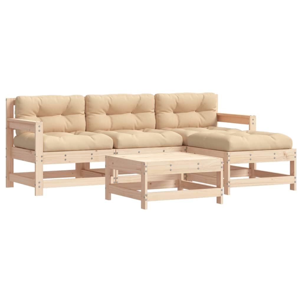 Vidaxl 5-Piece Solid Pine Wood Patio Lounge Set - Outdoor Furniture With Cushions, Modular Sofa, Chairs, Footstools/Table, Beige Comfort