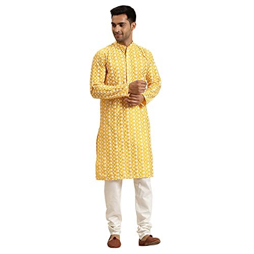 Sojanya (Since 1958 Men'S Silk Blend Yellow Embroidered Kurta & White Churidar Pyjama Set Size 38