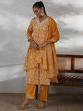 Libas Womens Printed Cotton Straight Kurta With Trousers And Dupatta Mustard Xl 48890