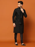 Kisah Mens Kurta Jacket Churidar Set, Silk Blend Jacquard Mandarin Collar Long Sleeves, Black Ethnic Wear Set For Men, 44
