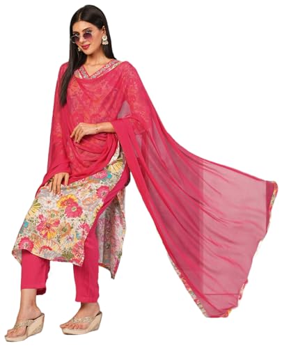 Anni Designer Women'S Cotton Blend Printed Straight Kurta With Pant & Dupatta (Ruth Pink-Nw_Xl_Pink_X-Large),Pink,XL