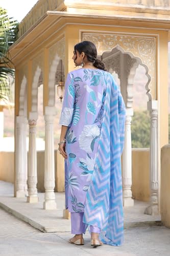 Anni Designer Women'S Cotton Blend Straight Printed Kurta With Pant & Dupatta (Sohini Purple_S_Purple_Small),Purple,S,Cotton Blend,Regular,