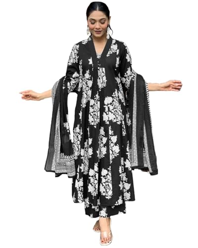 Anni Designer Women'S Rayon Viscose Anarkali Printed Kurta With Pant & Dupatta (Jasiwal Black-Vks01_Xl_Black_X-Large),Black,XL