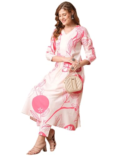 Anni Designer Women'S Cotton Blend Anarkali Printed Kurta With Pant (Santra Pink_S_Pink_Small),Pink,S