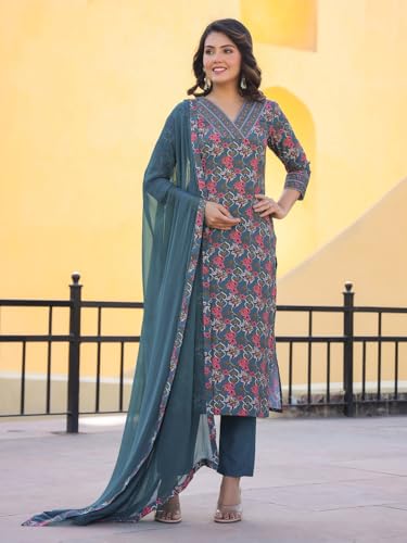 Anni Designer Women'S Rayon Blend Straight Printed Kurta With Pant & Dupatta (Shaniya Grey_S_Grey_Small),Grey,S,Rayon Blend,Regular,