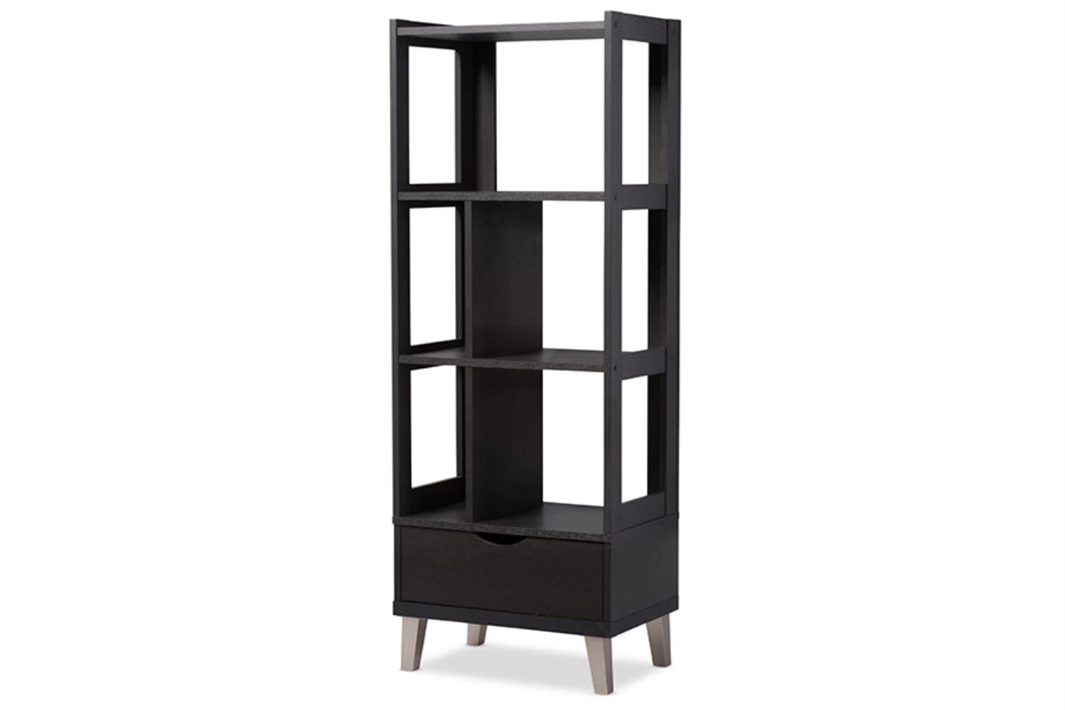 Baxton Studio Kalien Modern & Contemporary Wood Leaning Bookcase With Display Shelves & One Drawer, Dark Brown