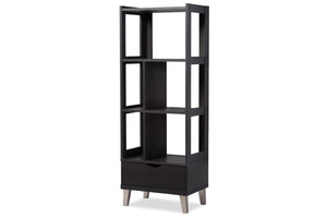 Baxton Studio Kalien Modern & Contemporary Wood Leaning Bookcase With Display Shelves & One Drawer, Dark Brown