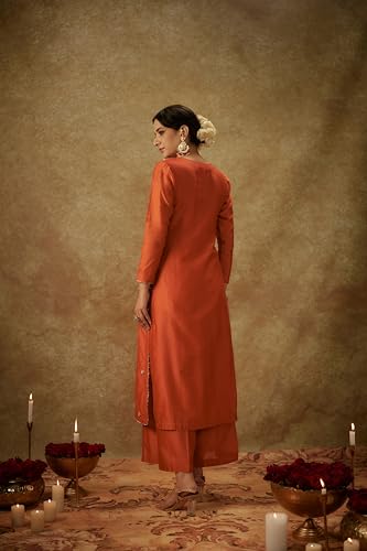 Anni Designer Women'S Rayon Viscose Straight Embroidered Kurta With Pant & Dupatta (Chahat Orange_S_Orange_Small),Orange,S,Rayon,Regular,