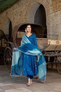 Anni Designer Women'S Cotton Blend Anarkali Embroidered Kurta With Pant & Dupatta (Gsk-Cerosin_Xxl_Blue_Xx-Large),Blue,2XL,Cotton Blend,Ethnic,