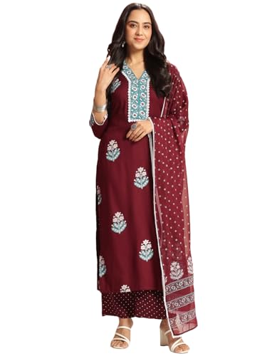 Anni Designer Women'S Rayon Viscose Floral Straight Kurta With Pant & Dupatta (Belagavi Vks04_Wine_X-Large),Wine,XL