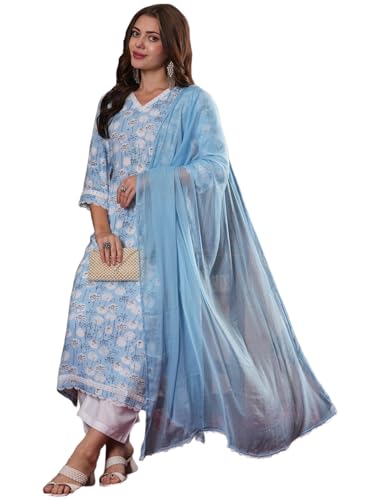 Anni Designer Women'S Cotton Blend Straight Printed Kurta With Pant & Dupatta (Kausalya Sky_Xl_Sky Blue_X-Large),Sky Blue,XL