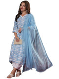 Anni Designer Women'S Cotton Blend Straight Printed Kurta With Pant & Dupatta (Kausalya Sky_Xl_Sky Blue_X-Large),Sky Blue,XL