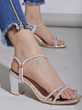 Shoetopia Stylish Strappy Block Silver Heels For Women Open Toe Ankle Strap Sandals Perfect For Parties Weddings & Night Out Comfortable & Stylish Eu41,Silver,6,B0CXJ37FSP
