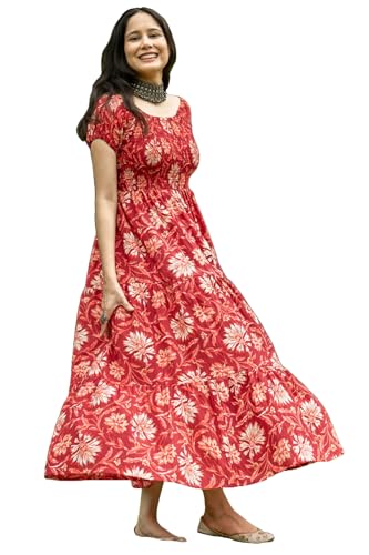 Anni Designer Women'S Cotton Blend Anarkali Printed Long Kurta (Maulik Red_M_Red_Medium),Red,M