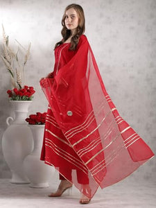 Gosriki Women'S Rayon Blend Anarkali Solid Kurta With Pant & Dupatta (Jaynti Red-Vks03-Gs_L_Red_Large),Red,,B0DJWFFQ4C