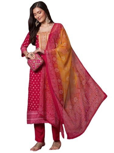 Anni Designer Women'S Rayon Viscose Printed Straight Kurta With Pant & Dupatta (Subhi Pink-Vks04_L_Pink_Large),Pink,L