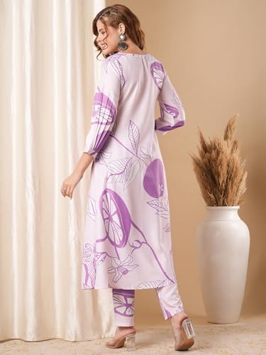 Anni Designer Women'S Cotton Blend Anarkali Printed Kurta With Pant (Santra Purple_Xxl_Purple_Xx-Large),Purple,2XL,Cotton Blend,Regular,Kurta
