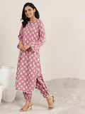 Libas Womens Cotton Peach Block Motif Printed Curved Kurta Set With Salwar, Large