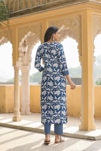 Anni Designer Women'S Cotton Blend Straight Printed Kurta With Pant (Pustak Blue-Bfv_4Xl_Blue_Xxxx-Large),Blue,4XL,Cotton Blend,Straight,