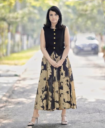 Anni Designer Women'S Rayon Viscose Printed Skirt And Top Dress Set (Bakul Black_S_Black_Small),Black,S,Rayon,Shirt,