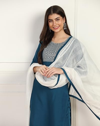Toplot Women'S Solid Straight Kurta With Pant & Dupatta|Kurta Pant Set With Dupatta (Straight-Kurta-Pant-5197-Turquoise-L),Turquoise,,B0DCNLQ41Y